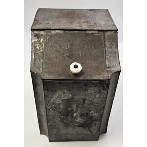 Antique Metal Tin Bin With Hinged Lid & Porcelain/Ceramic Pull 10"Tall